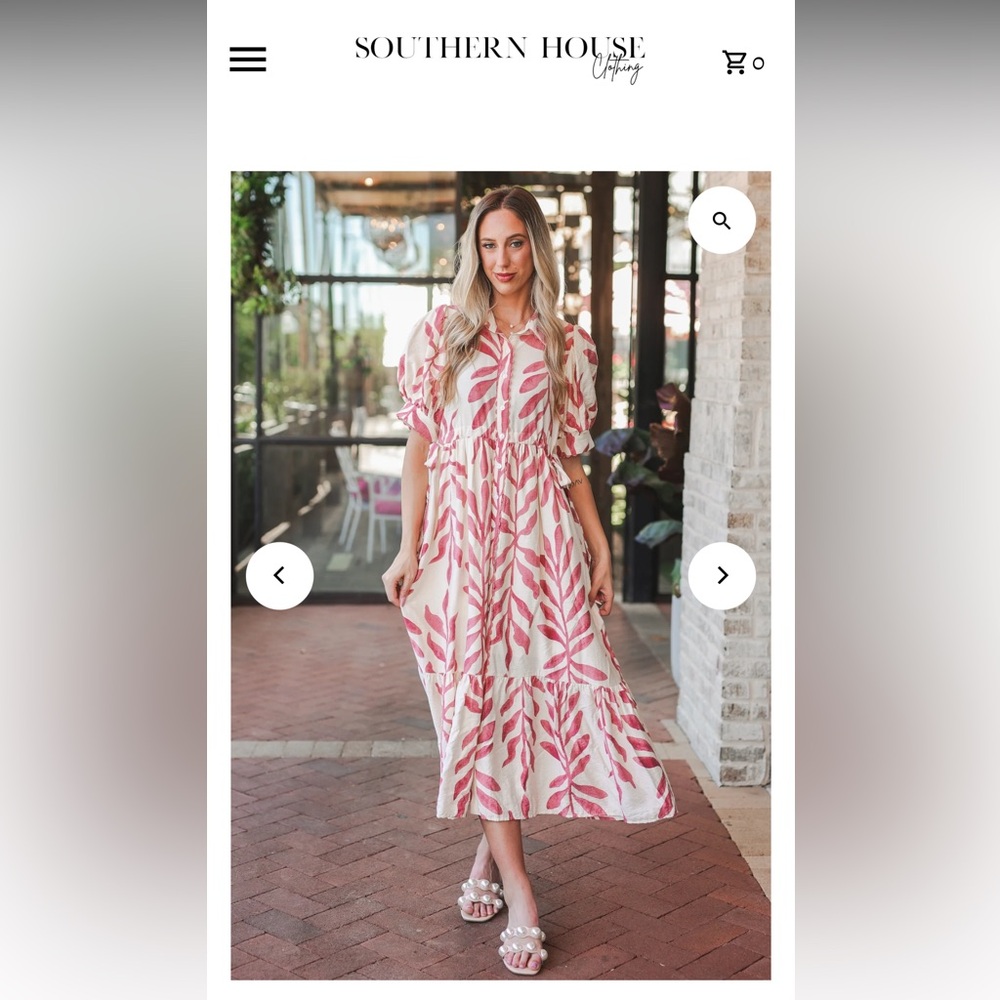 Women's  Pink Leaf Print Scallop Trim Midi Shirt Dress